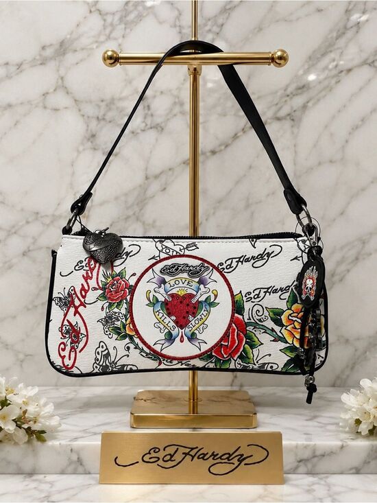 Ed Hardy Handbags - Ed Hardy Love Kills Slowly White Tattoo Shoulder Bag Y2K Baguette Purse 11X5in